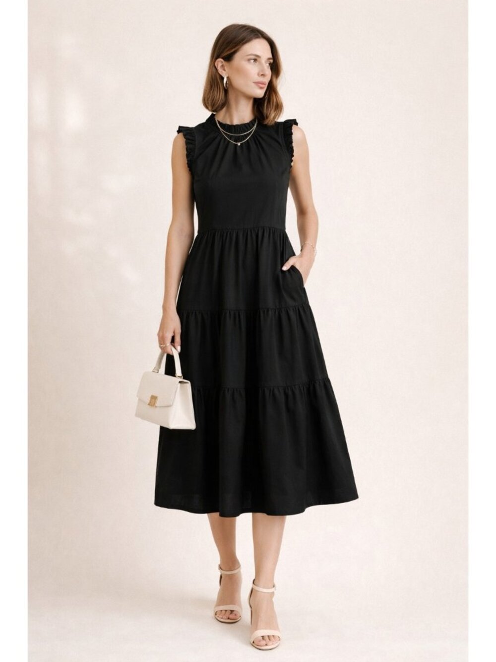 J.Crew Black Tiered Ruffle Midi Dress Women’s 2 Cotton Stretch Sleeveless Elegan
